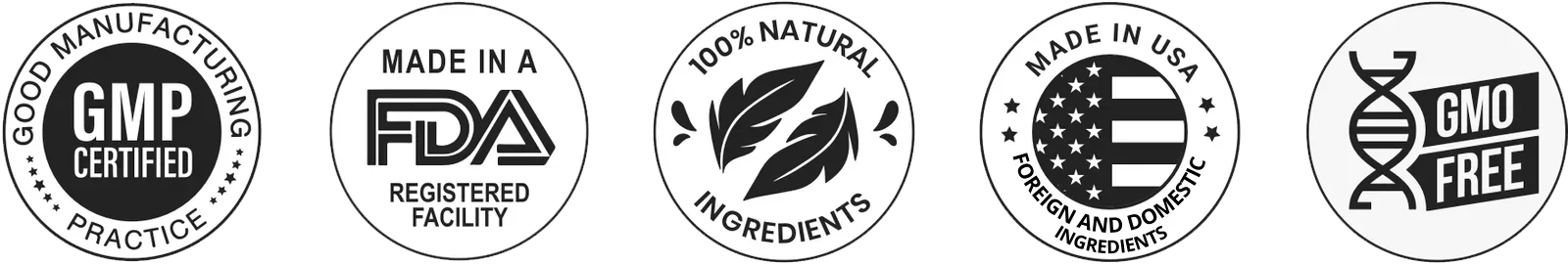 Certifications badges including GMP Certified, FDA Registered, 100% Natural, Made in USA, GMO Free